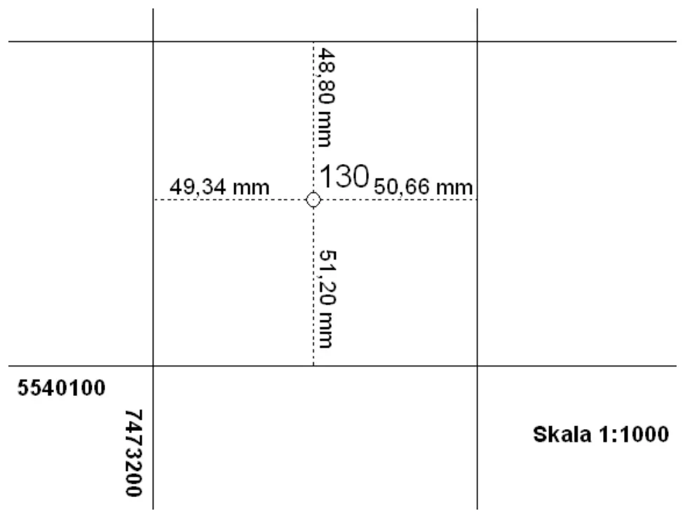 Fragment mapy w skali 1:1000 z punktem 130, krzyżem siatki i miarami w milimetrach