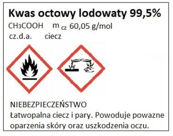 Etykieta kwasu octowego lodowatego 99,5% z dwoma piktogramami