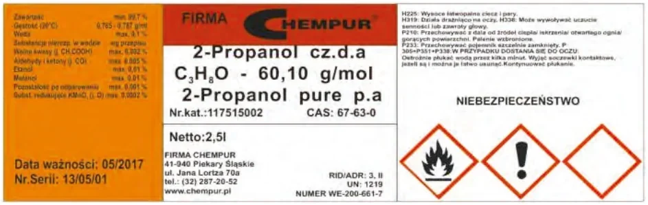 Etykieta odczynnika 2-Propanol firmy Chempur z danymi, zwrotami i piktogramami