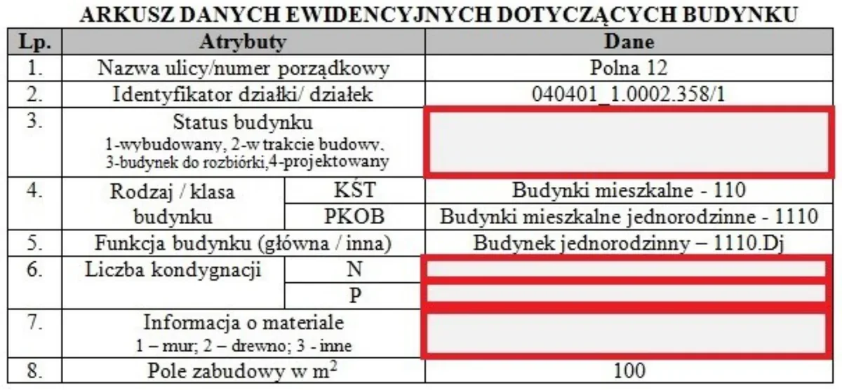 Arkusz danych ewidencyjnych dotyczących budynku z polami statusu, liczby kondygnacji i materiału zaznaczonymi na czerwono