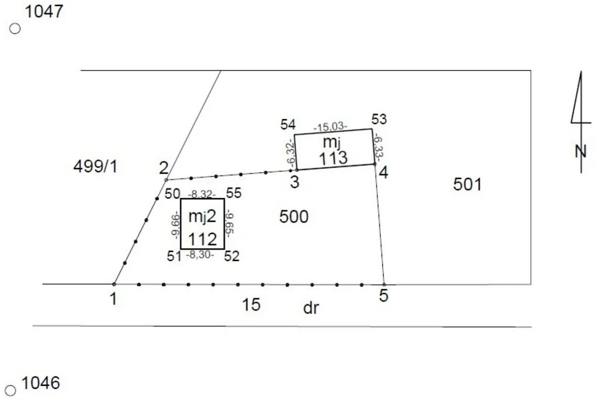 Szkic graniczny działki 500 z punktami granicznymi 1-5 i 50-55, budynkami mj 112 i mj 113 oraz działkami 499/1, 501 i 15