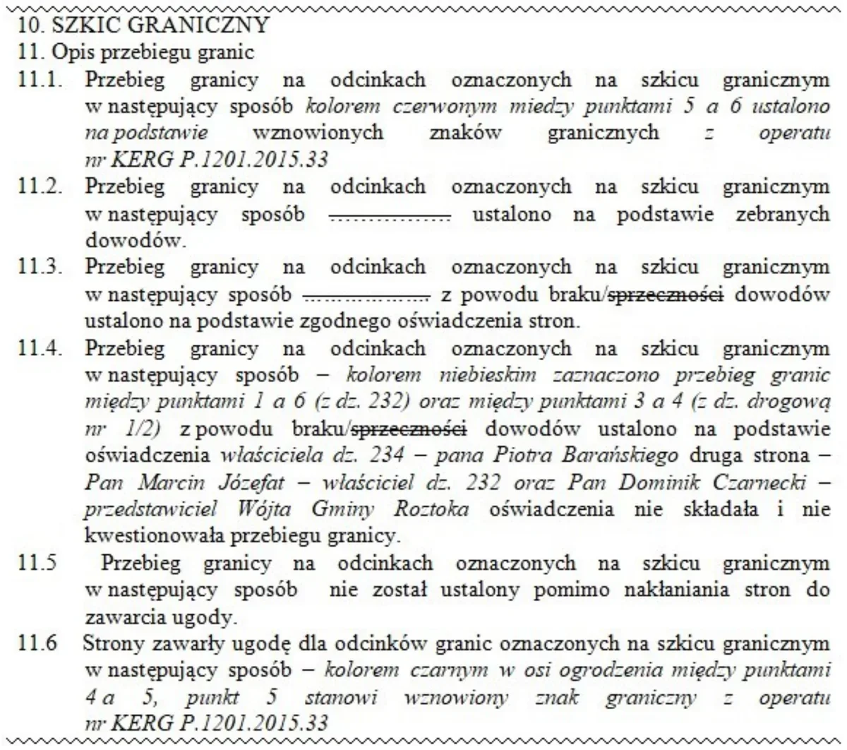 Fragment szkicu granicznego z opisem przebiegu granic w punktach od 11.1 do 11.6