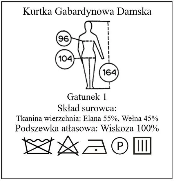 Przywieszka kurtki gabardynowej damskiej z wymiarami, gatunkiem, składem i symbolami konserwacji