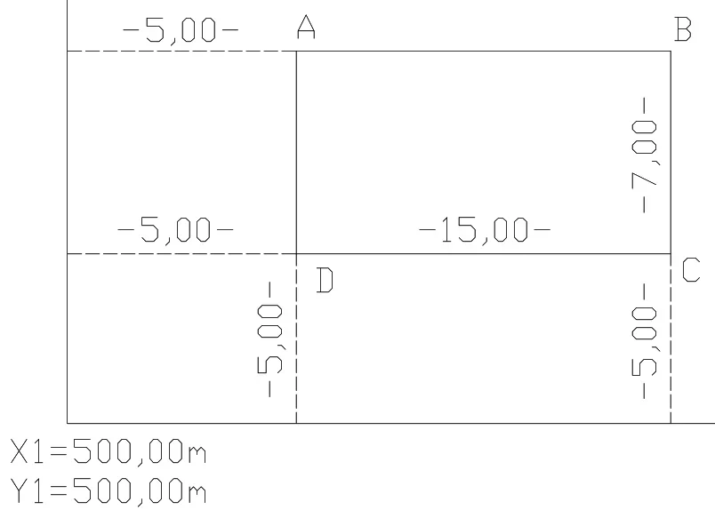Szkic budynku z narożami A, B, C, D, miarami -5,00, -7,00, -15,00 i współrzędnymi X1 = Y1 = 500,00 m