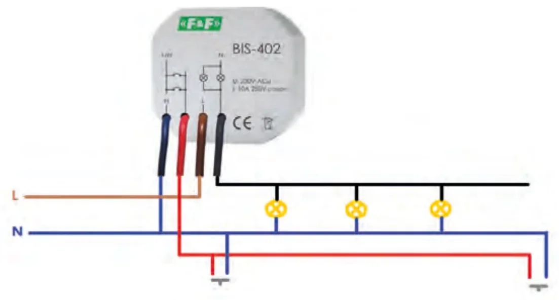 Schemat podłączenia przekaźnika BIS-402 do przewodów L, N i trzech lamp