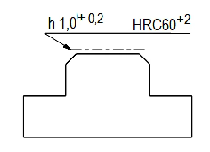 Fragment rysunku części z oznaczeniem h 1,0+0,2 HRC60+2 przy wskazanej powierzchni
