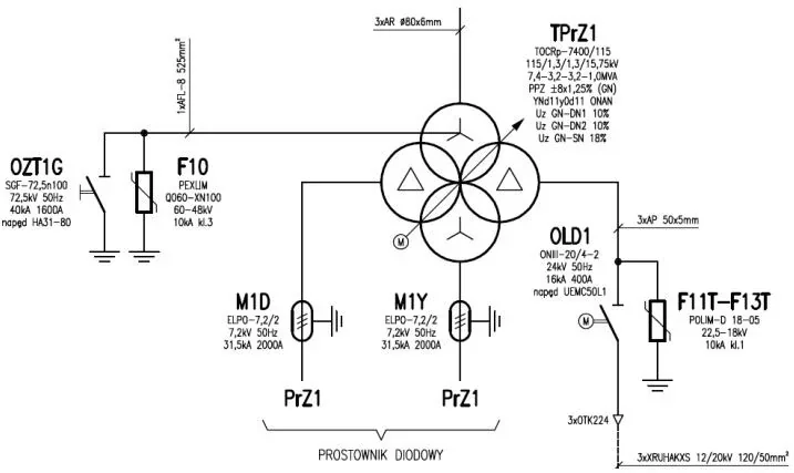 Schemat transformatora prostownikowego TPrZ1 z prostownikiem diodowym