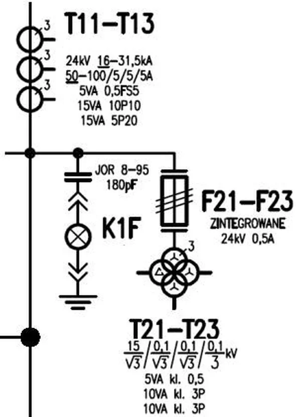 Schemat pola rozdzielni z przekładnikami T11-T13 i T21-T23