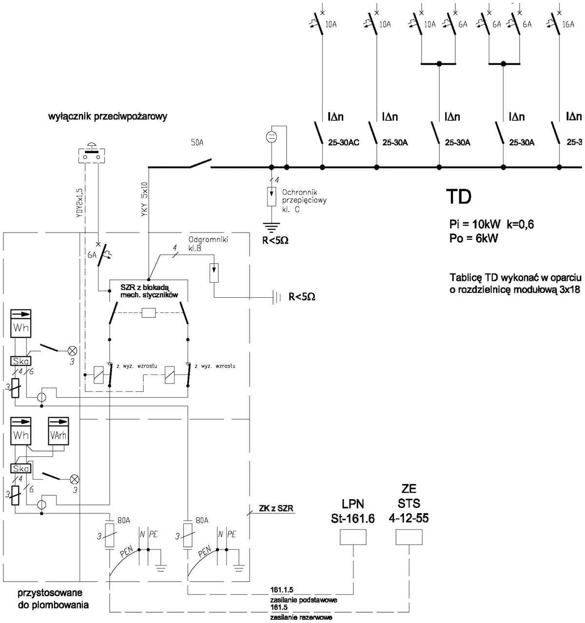 Fragment schematu instalacji elektrycznej z tablicą TD, wyłącznikiem przeciwpożarowym i obwodami LPN