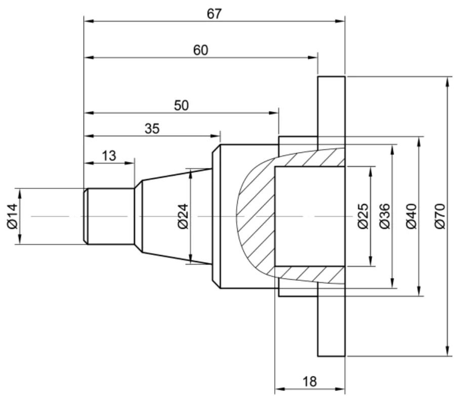 Rysunek czopu z kołnierzem w półprzekroju z wymiarami średnic ϕ14-ϕ70 i długości 13-67 mm
