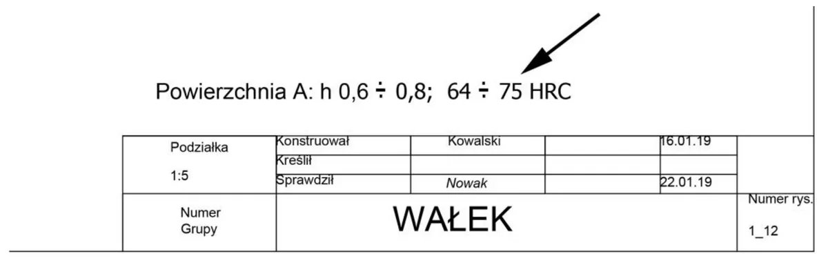 Fragment rysunku z napisem Powierzchnia A: h 0,6 ÷ 0,8; 64 ÷ 75 HRC wskazanym strzałką i tabliczką rysunku Wałek