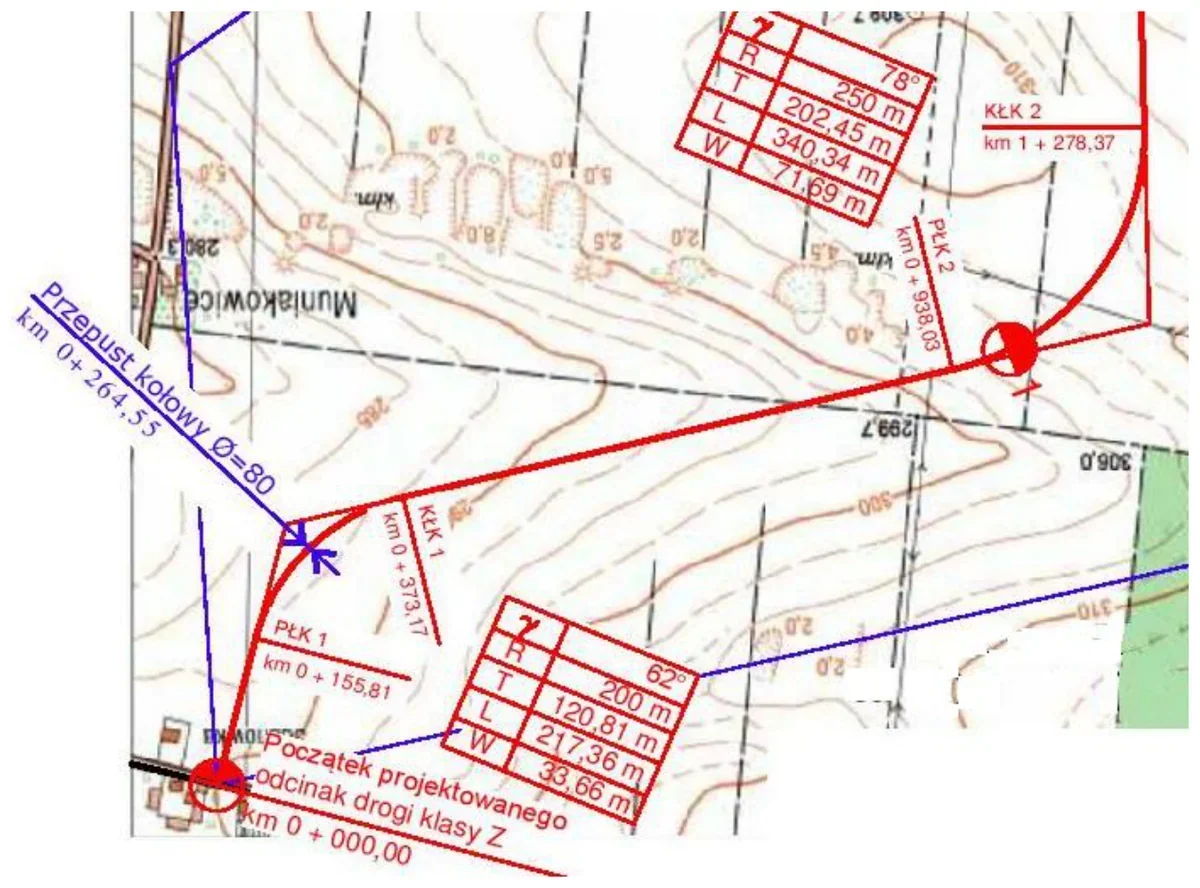 Fragment planu sytuacyjnego drogi klasy Z na mapie z tabelami elementów łuków i kilometrażem