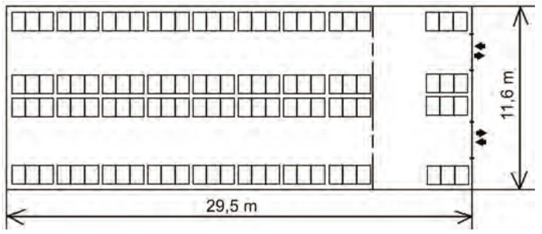 Rzut magazynu z rzędami regałów o wymiarach 29,5 m na 11,6 m