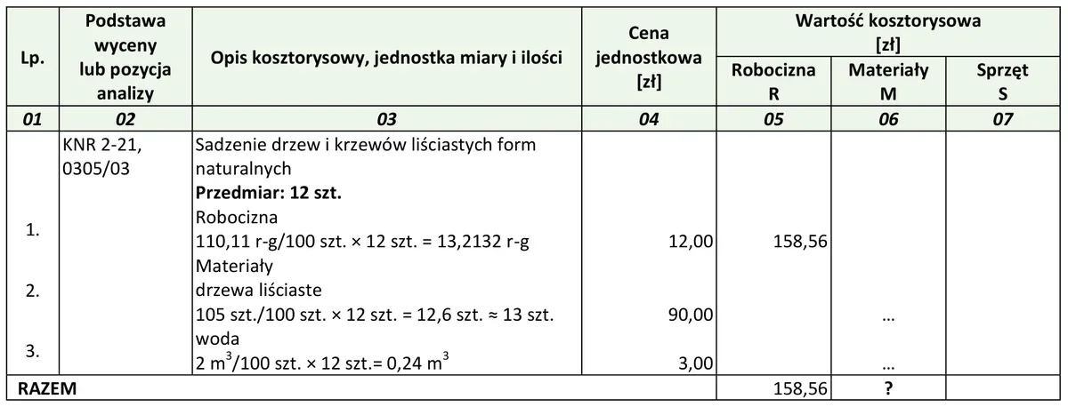 Tabela kosztorysowa sadzenia 12 drzew liściastych z robocizną, materiałami i wodą