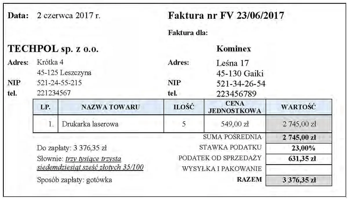 Faktura nr FV 23/06/2017 wystawiona przez TECHPOL sp. z o.o. dla firmy Kominex