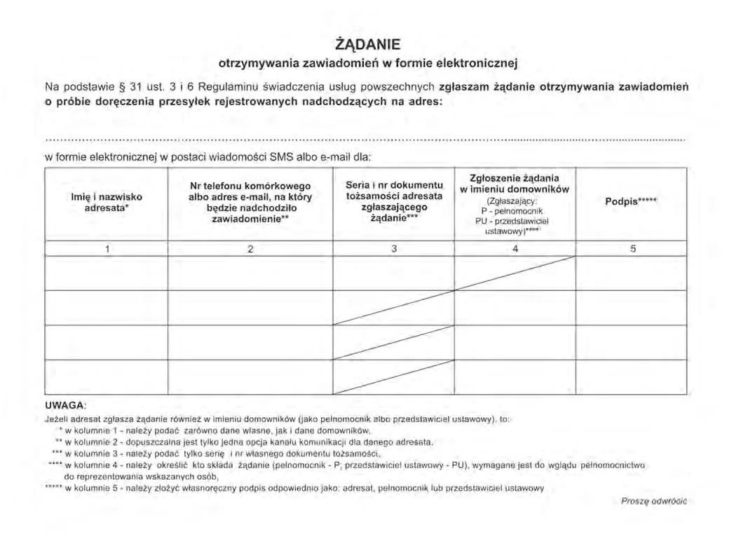 Formularz żądania otrzymywania zawiadomień w formie elektronicznej