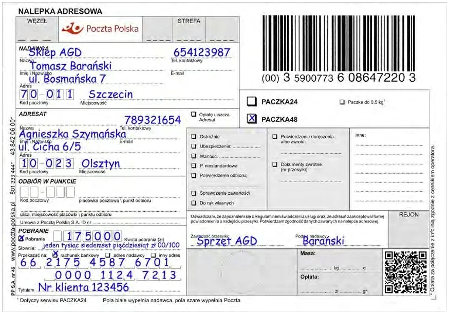 Wypełniona nalepka adresowa Poczty Polskiej dla przesyłki od Sklepu AGD do Agnieszki Szymańskiej