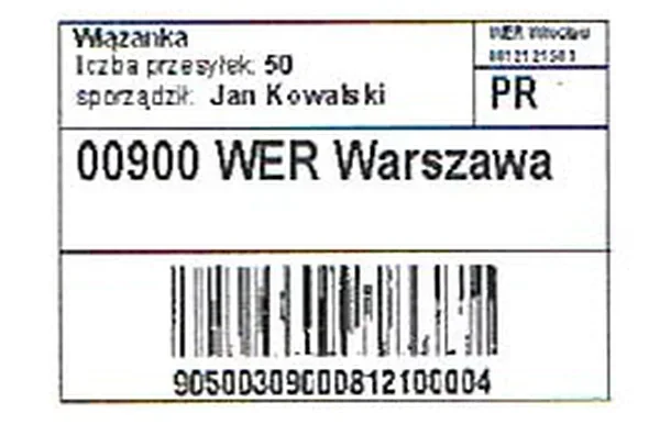 Druk kartki z oznaczeniem 00900 WER Warszawa i kodem kreskowym