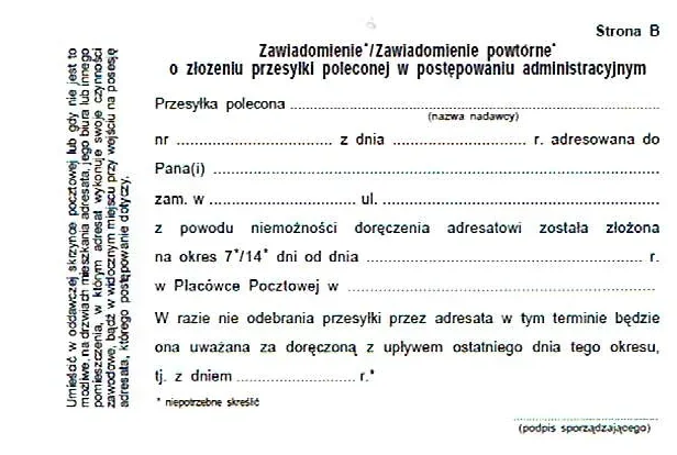 Druk zawiadomienia o złożeniu przesyłki poleconej w postępowaniu administracyjnym
