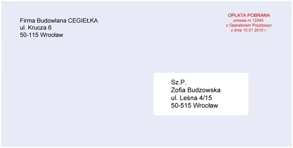 Koperta listu od Firmy Budowlanej CEGIEŁKA do Zofii Budzowskiej z nadrukiem w miejscu znaczka