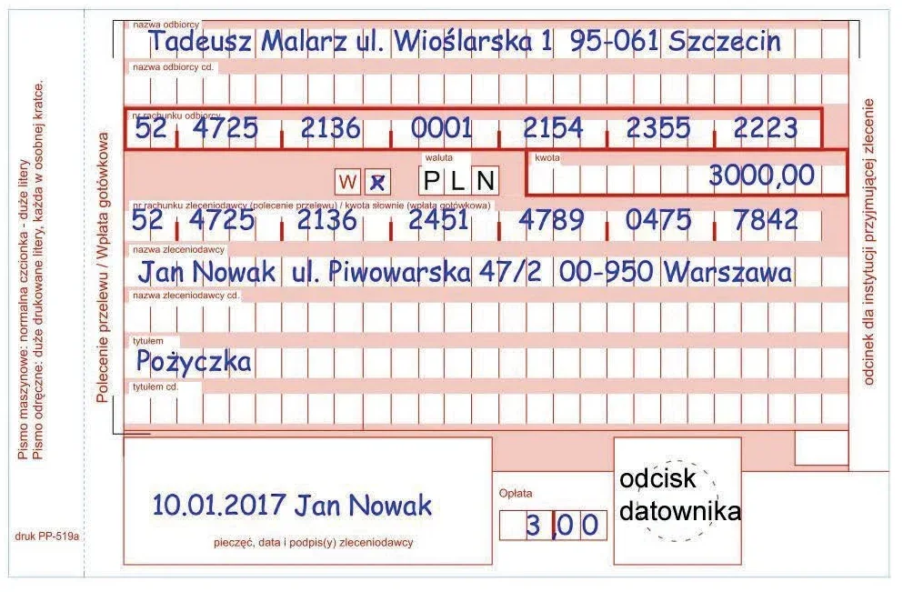 Wypełniony druk bankowy na kwotę 3000,00 zł z tytułem Pożyczka