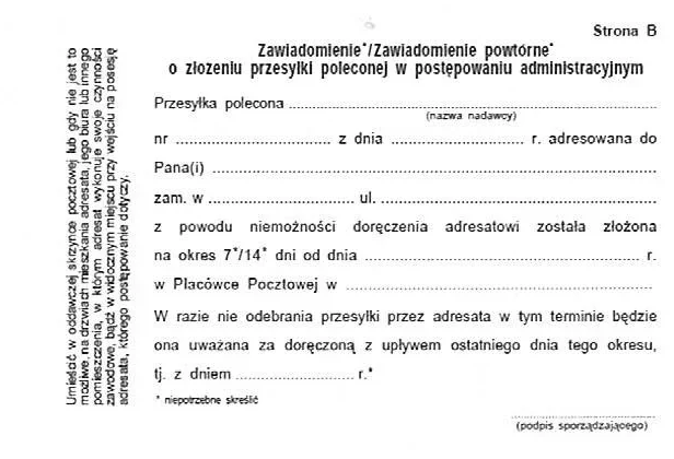 Druk zawiadomienia o złożeniu przesyłki poleconej w postępowaniu administracyjnym