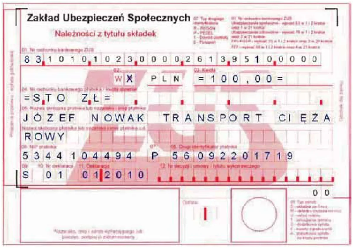 Wypełniony blankiet wpłaty na kwotę 100,00 zł od Józefa Nowaka