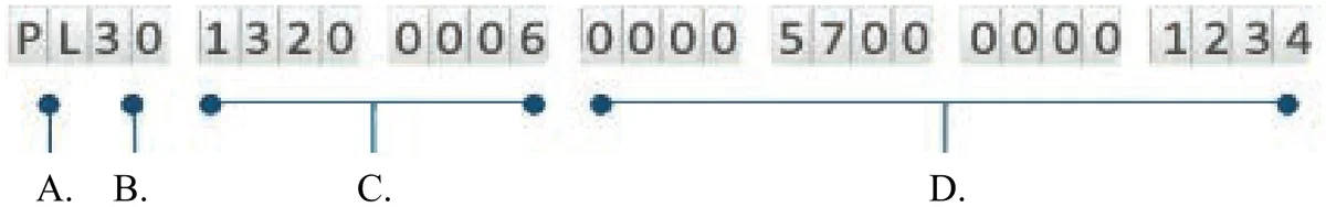 Numer rachunku bankowego PL30 1320 0006 0000 5700 0000 1234 z częściami oznaczonymi literami A-D