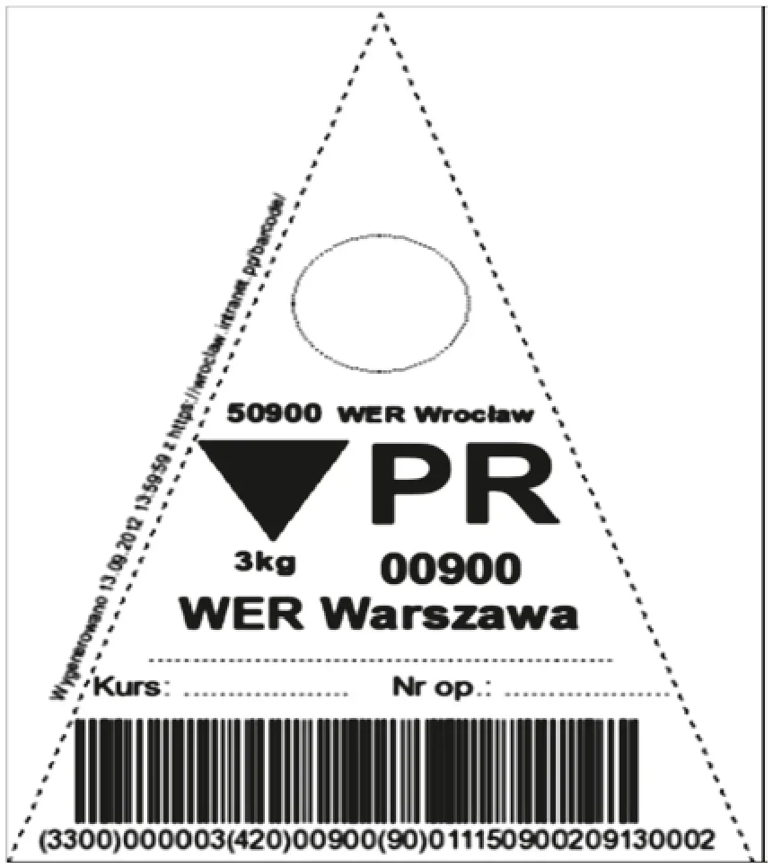 Trójkątna chorągiewka z czarnym trójkątem, oznaczeniami 50900 WER Wrocław i 00900 WER Warszawa oraz kodem kreskowym