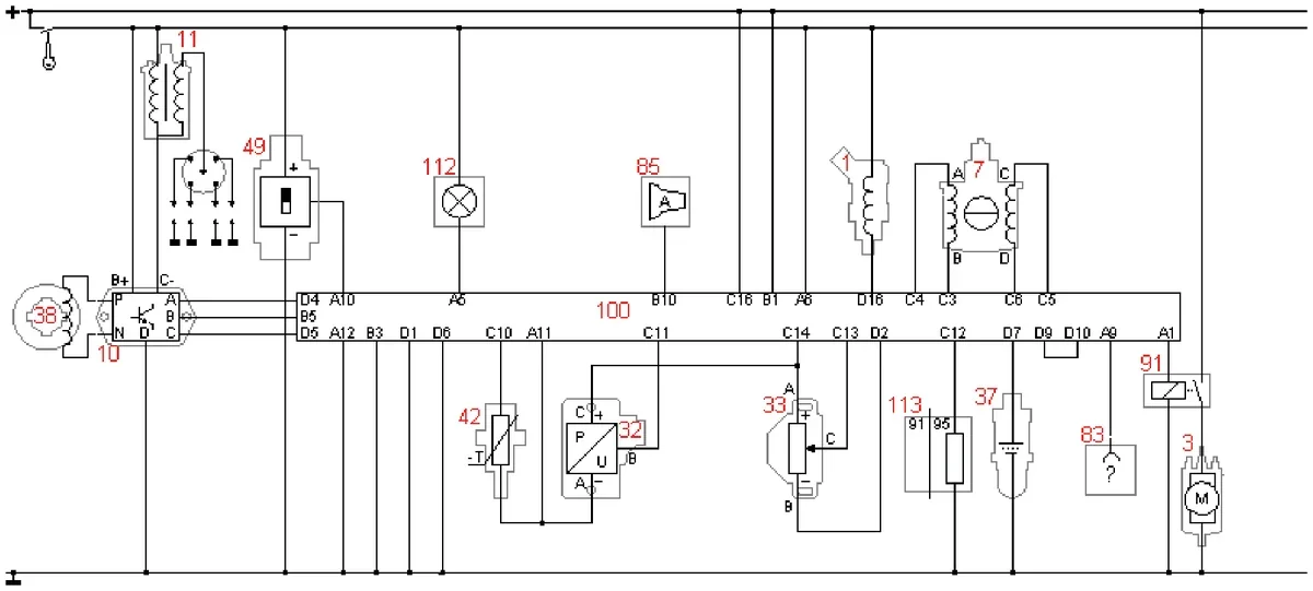 Schemat elektryczny układu sterowania silnika z elementami oznaczonymi czerwonymi numerami