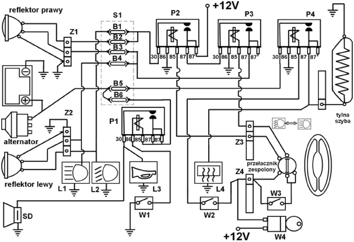 Schemat instalacji elektrycznej z reflektorami, przekaźnikami P1-P4, bezpiecznikami, łącznikami i elementami oznaczonymi symbolami