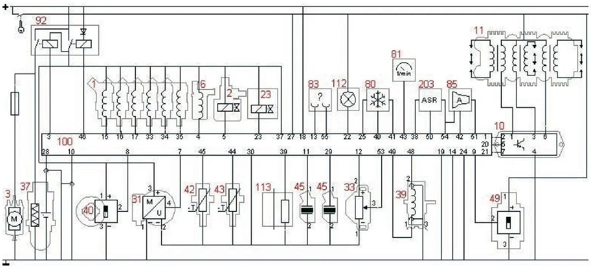Schemat elektryczny układu sterowania silnika z elementami oznaczonymi czerwonymi numerami
