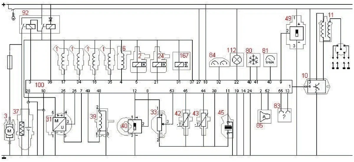 Schemat elektryczny układu sterowania silnika z elementami oznaczonymi czerwonymi numerami