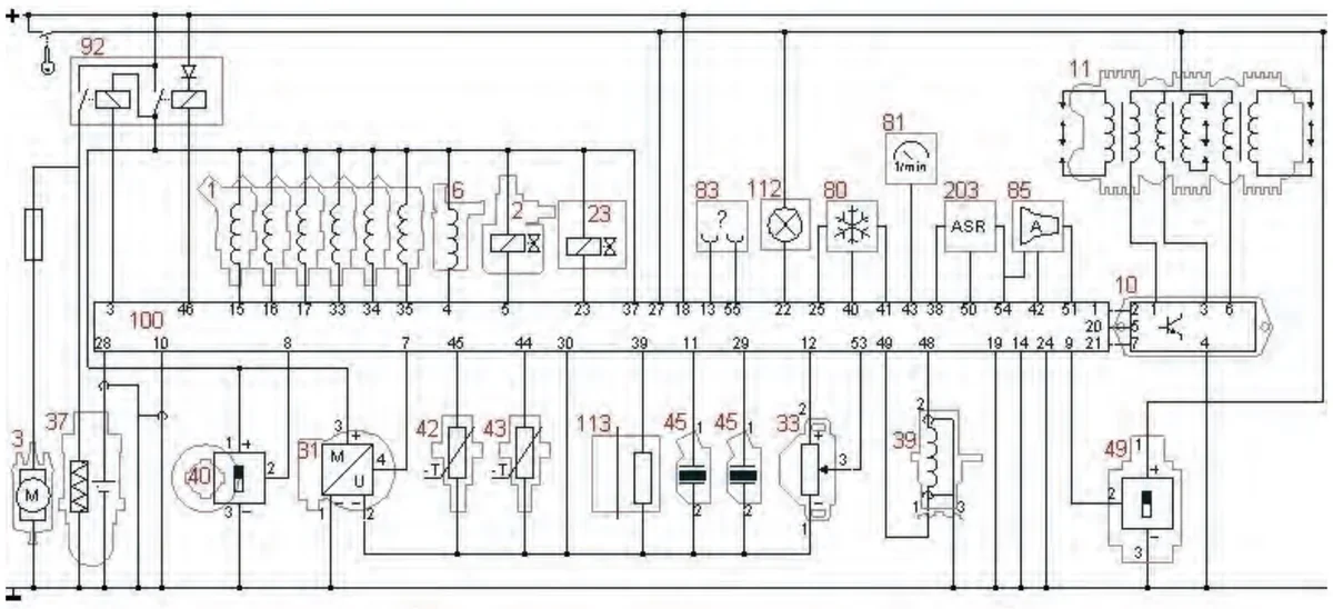 Schemat elektryczny układu sterowania silnika z elementami oznaczonymi czerwonymi numerami