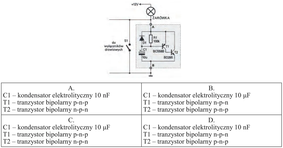 Schemat układu opóźniającego z żarówką, wyłącznikiem S1, diodą D1, rezystorem R1, kondensatorem C1 i tranzystorami T1 i T2 oraz tabela wariantów A-D