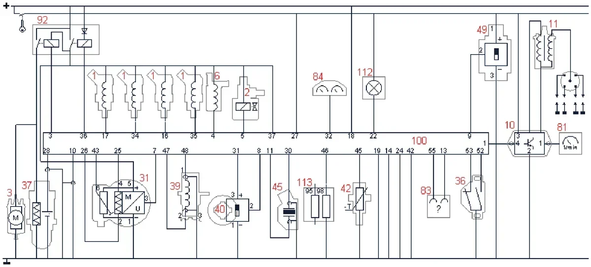 Schemat elektryczny układu sterowania silnika z elementami oznaczonymi czerwonymi numerami
