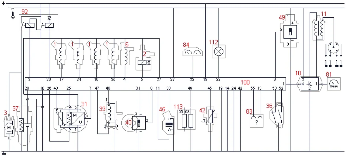 Schemat elektryczny układu sterowania silnika z elementami oznaczonymi czerwonymi numerami