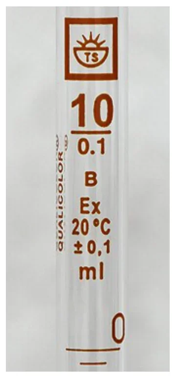 Fragment pipety z napisami 10, 0.1, B, Ex, 20°C, ±0,1 ml