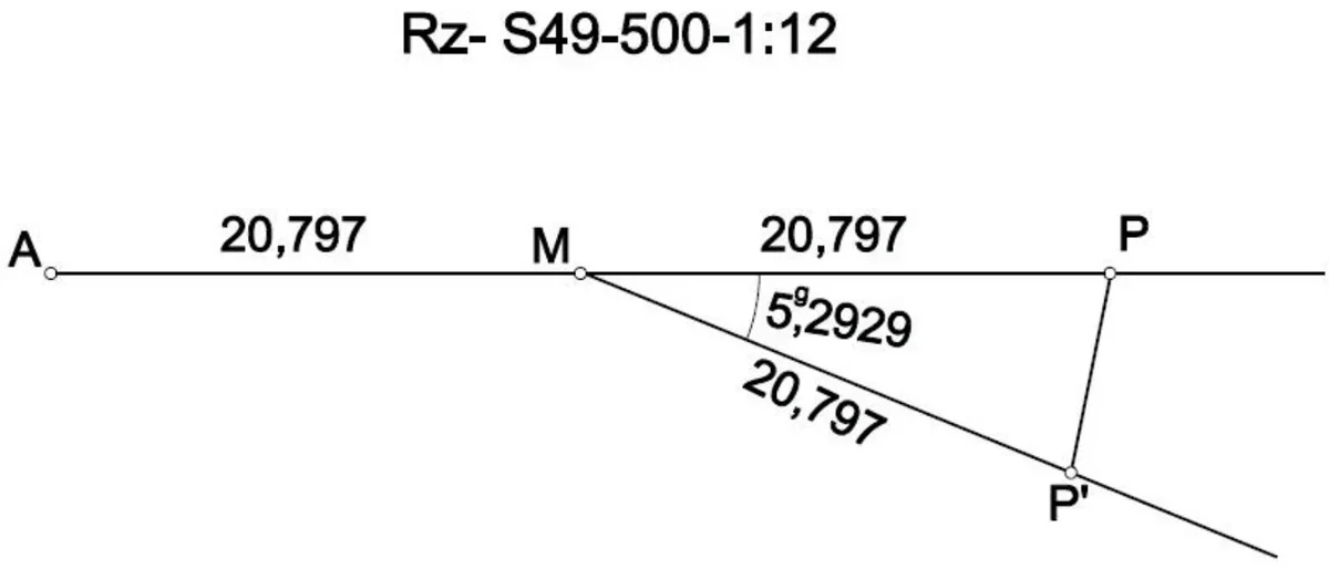 Schemat rozjazdu Rz-S49-500-1:12 z punktami A, M, P, P′, odcinkami 20,797 i kątem 5ᵍ,2929