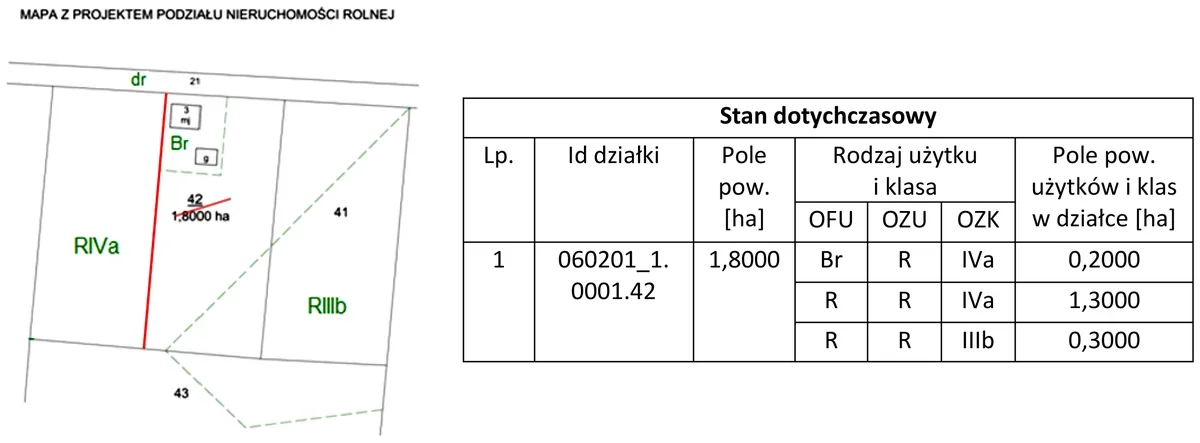 Mapa z projektem podziału nieruchomości rolnej (działka 42) i tabela stanu dotychczasowego