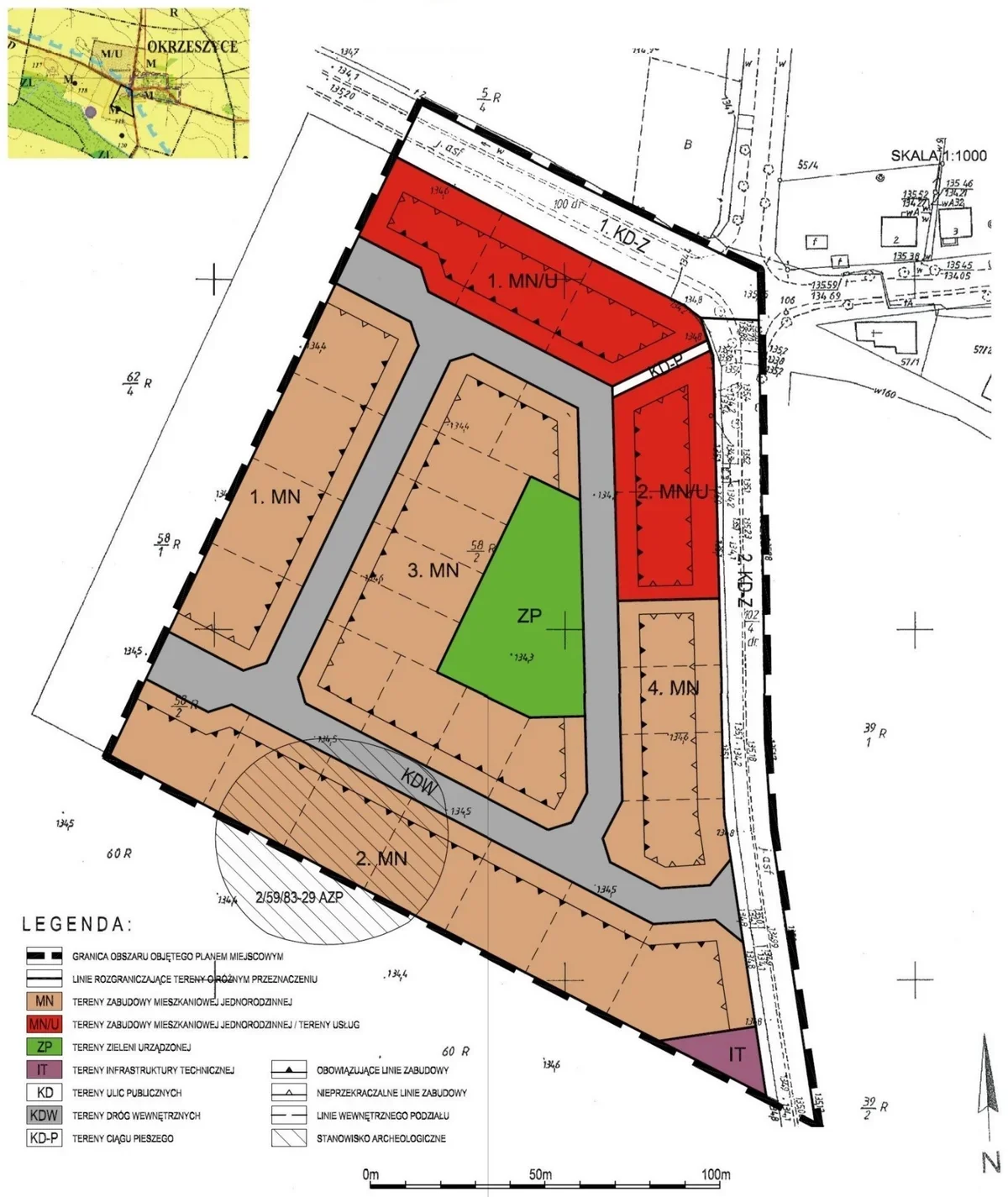 Kolorowa mapa terenu w Okrzeszycach z oznaczeniami MN, MN/U, ZP, IT, KDW, legendą i skalą