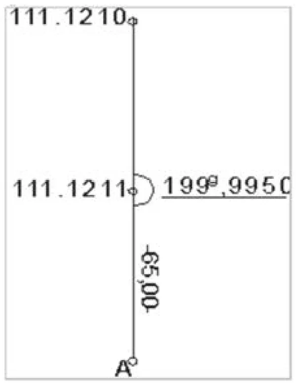 Szkic dokumentacyjny z punktami 111.1210, 111.1211, kątem 199ᵍ,9950 i odległością 65,00 do punktu A