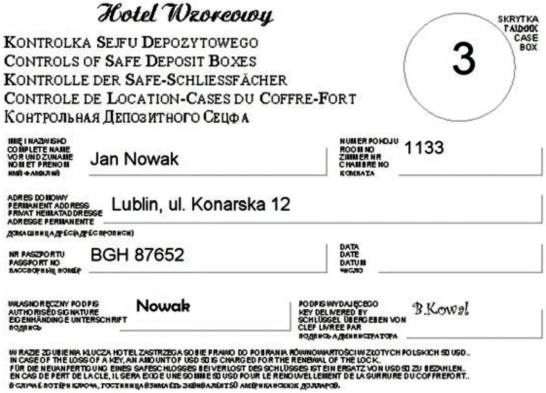 Wypełniona kontrolka sejfu depozytowego Hotelu Wzorcowego