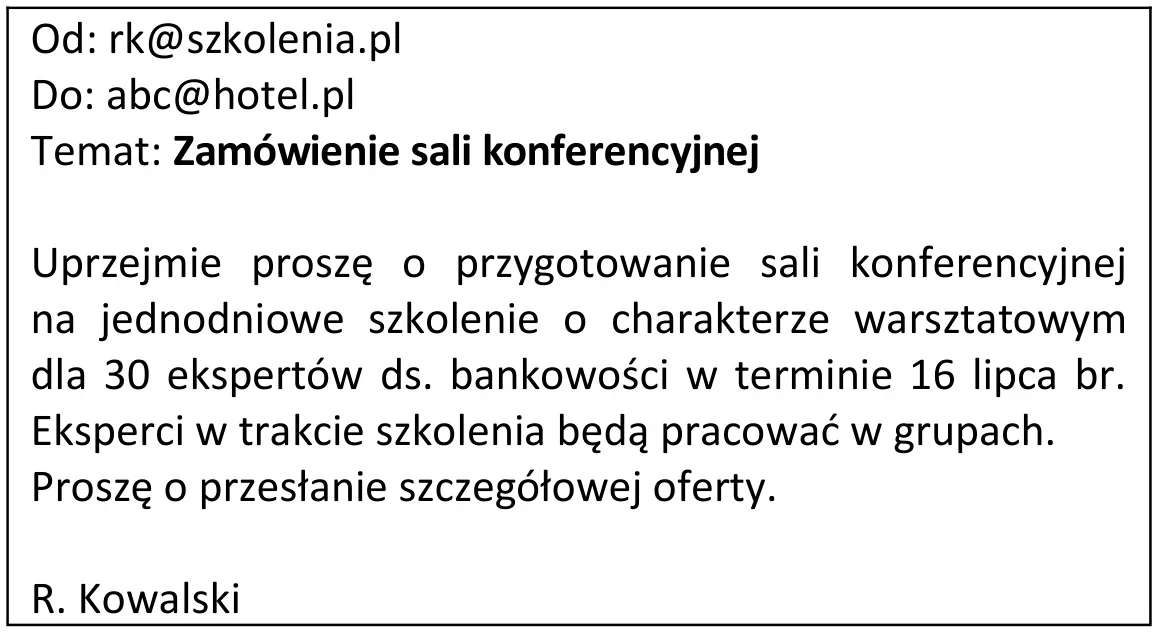 Wiadomość e-mail z zamówieniem sali konferencyjnej na szkolenie warsztatowe