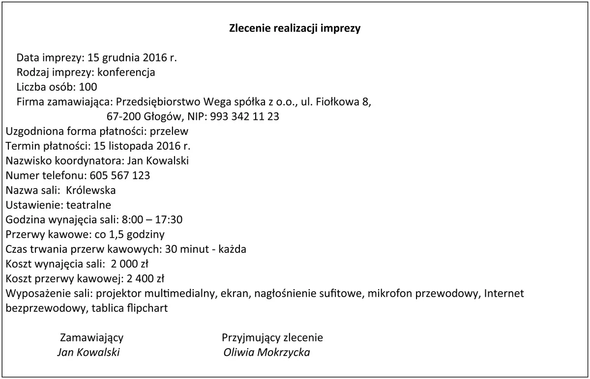 Zlecenie realizacji imprezy konferencyjnej z godzinami wynajęcia sali i przerwami kawowymi