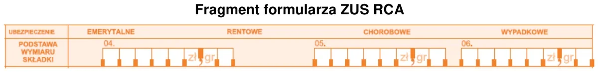 Fragment formularza ZUS RCA z polami 04, 05 i 06 podstawy wymiaru składki