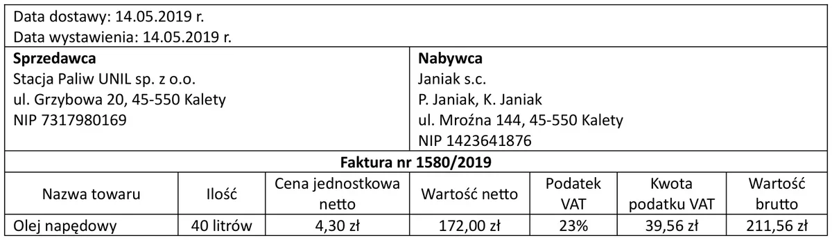 Fragment faktury nr 1580/2019 za olej napędowy