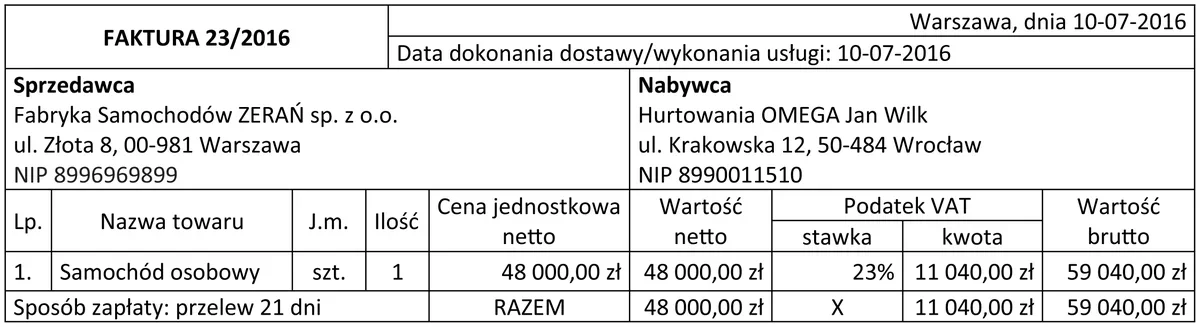 Faktura 23/2016 za samochód osobowy