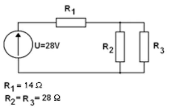 Schemat obwodu ze źródłem U=28 V i rezystorami R1=14 Ω oraz R2=R3=28 Ω