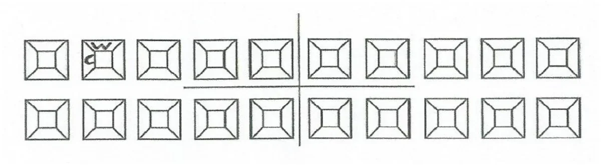 Diagram powierzchniowy uzębienia mlecznego z literami w i c przy jednym zębie